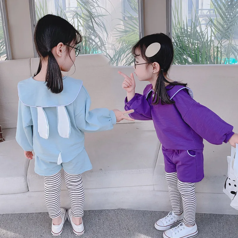 

2020 New Style Girls Spring Clothing Cute Baby Girls Solid Color Bunny Ear Hoodie Suit Western Style Autumn Clothing