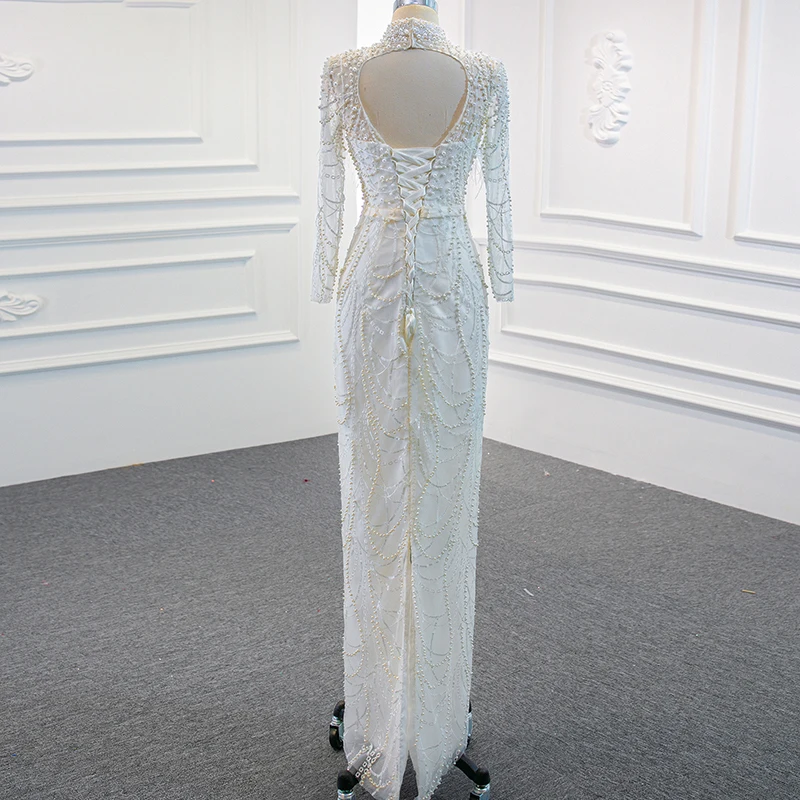 J67052 JANCEMBER Wedding Dresses High Neck Feather Long Sleeves Backless Pearl Sashes Removable Train vestido de noiva trouwjurk 3