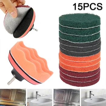 

16pcs Flocking Scouring Pad Self-adhesive Polishing Sheet Multi-purpose Power Scrubber Cleaning Kit Electric Drill Brush
