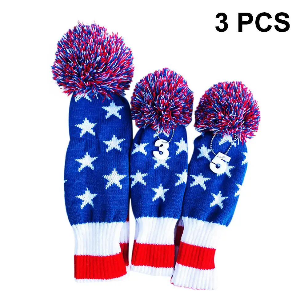 

3PCs Golf Head Cover Set Driver Pom Pom Iron Club Covers #3 Fairway #5 Hybrid Wool Knitted Sock Wood Headcovers American flag