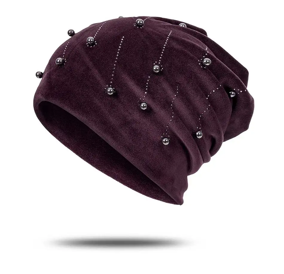 MLTBB зимняя Лыжная шапочка для Для женщин расширенные вельветовые Теплые головные уборы Skullies Beanies шапка женская Повседневное Стразы жемчужная шляпа Роскошные капота