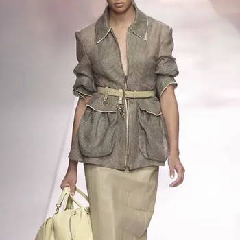 

2020 Season Lapel Long Sleeve Perspective Thin Section Big Pocket Sun Protection Coat Top Female Match Belt