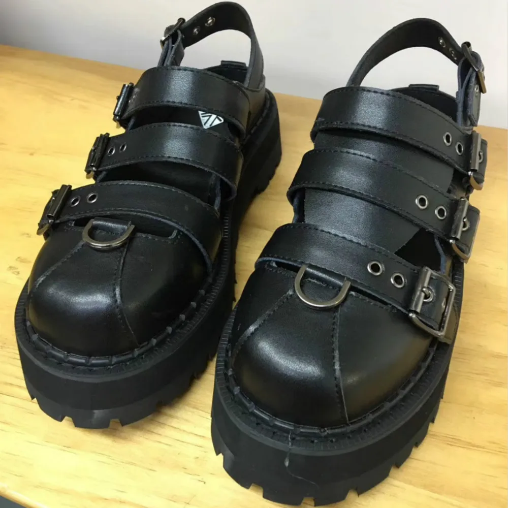 2020 New Japanese Retro Punk Style Multi Buckle Lolita Goth Shoes Women's Hollow Sandals Thick Soled Dark Lolita Gothic Shoes