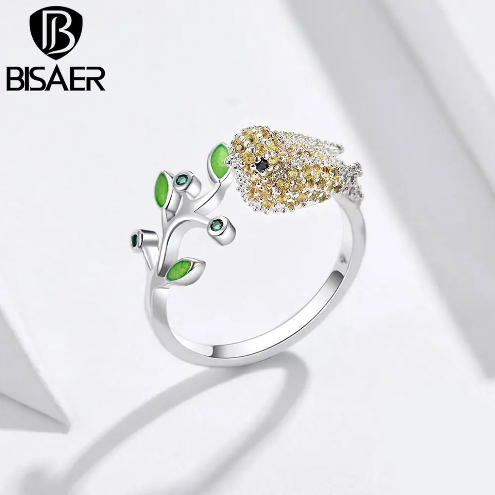 

BISAER Bird Jewelry Silver Color Bird And Tree Leaves Open Size Finger Rings for Women Fashion Jewelry ANEL EHR002