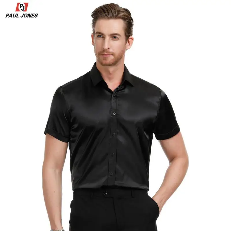 PAUL JONES Men's Slim Fit Solid Satin Dress Shirt Summer Short Sleeve Silk Like Shirt Tops Casual Square Collar Shirts PJ0199