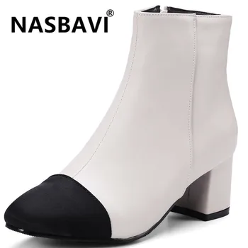

NASBAVI new fashion winter Europe and America PU Pointed square heel High heels zipper Color matching Ankle Boots Women black