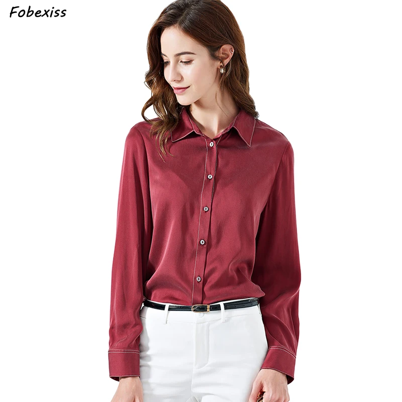 

Natural Silk Blouses Women Fall 2019 Long Sleeve Button Up Red Silk Shirt Office Lady Cardigan Elegant Black Silk Tops Women