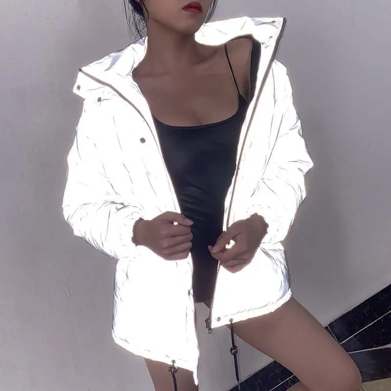 

Winter Reflective Jacket Women High Collar Long Coats Solid Night Glowing Parka Zipper Reflective Cotton Parka
