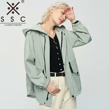 

Casual Hooded New Women Trench Coat Loose Waist Adjustable Female Trench Coat Tooling Style Parker Fashion Women's Windbreaker