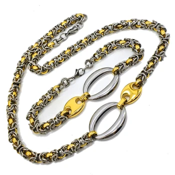 

AMUMIU Gold Color Stainless Steel Chain Link Necklace Bracelet Set Byzantine Fashion Men Women Jewellery 7MM HZTZ050