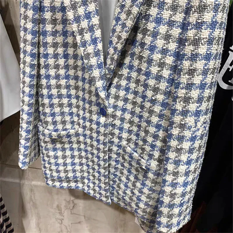 2020 spring and summer new fresh blue plaid women woolen blazer coat