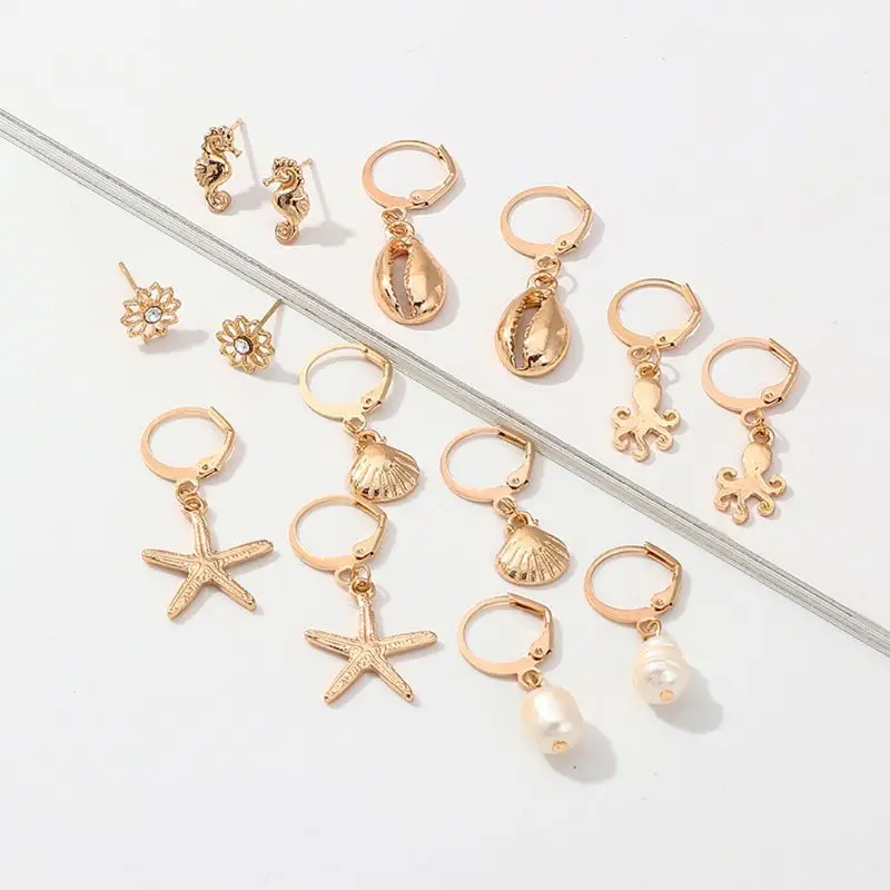

Summer Metal Shell Conch Starfish Pendant Drop Hoop Earrings Set Beach Jewelry CORD