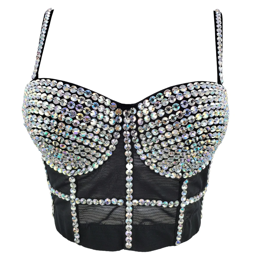 

Crop Top with Built In Bra Summer Mesh Rhinestone Club Party Corset Bustier Tops Sleeveless Off Shoulder Women Clothes