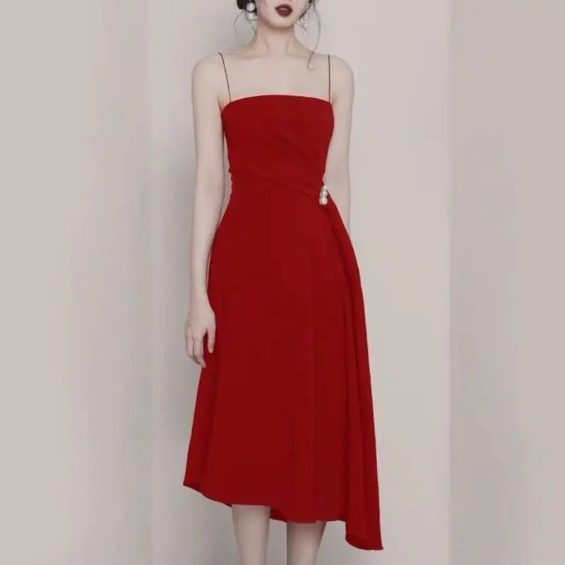 

2019 Spring Summer New Style Debutante Elegant off-Shoulder Formal Dress Dress Red Sexy Strapped Dress WOMEN'S Dress Fairy