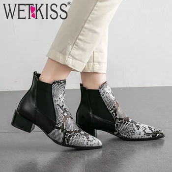 

WETKISS Snake Skin Pu Boots Women Chelsea Ankle Boot Female Thick Heels Shoes Ladies Pointed Toe Elastic Shoes Women Winter 2020