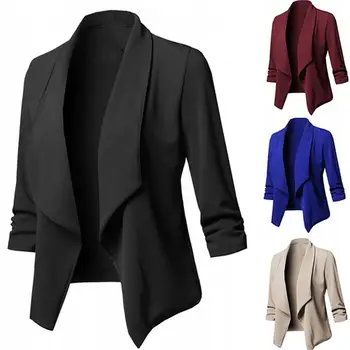

Office Women Solid Color Slim Fite Blazer Lapel Open Front Short Suit Jacket
