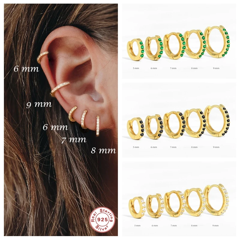 925スターリングシルバー黒緑白ジルコンhuggieピアス女性男性小さなスタッドピアス耳の骨aros小型耳鼻リング Stud Earrings Aliexpress
