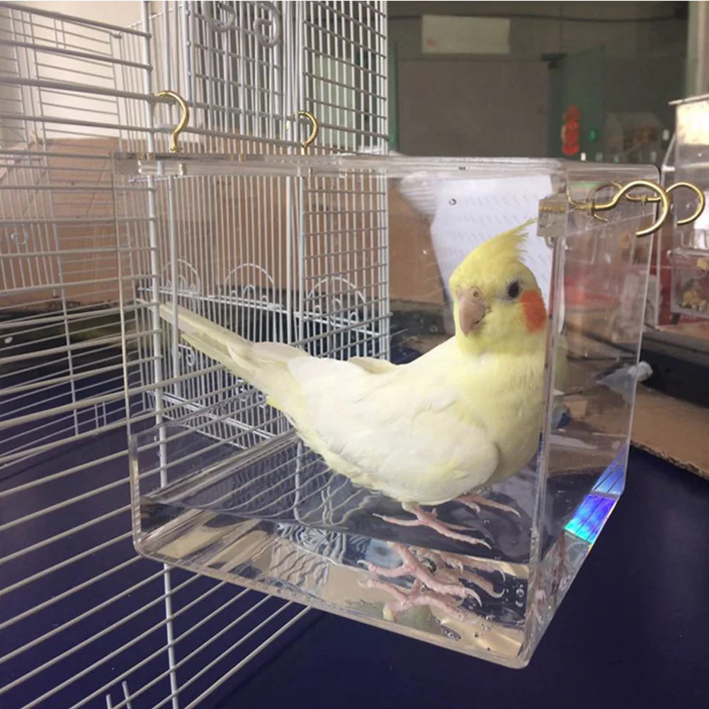 Bird Bathtub Cockatiel Shower Parrots Acrylic Cage Pet-Supplies Parakeets with Hanging-Hooks