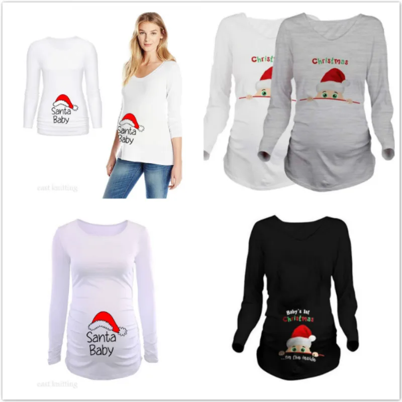 Pregnant Woman Christmas Long Sleeve Santa Baby Print T Shirt Side Ruched Maternity Top Pregnancy Clothes Tee |