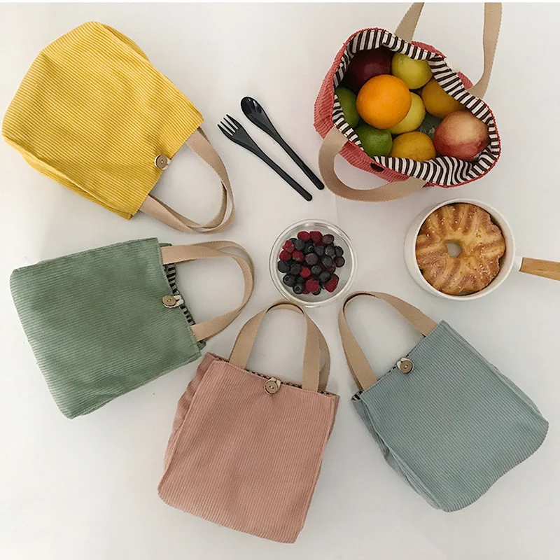 Fiambrera de lona de pana para mujer, Bolso pequeño de algodón para Picnic, contenedor de cena, bolsas de almacenamiento de alimentos