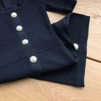 

Knitted Dress Women's White Black U-neck Elastic High Waist Short Sleeve Metal Buttons A-line Elegant OL Dress Female Clothes