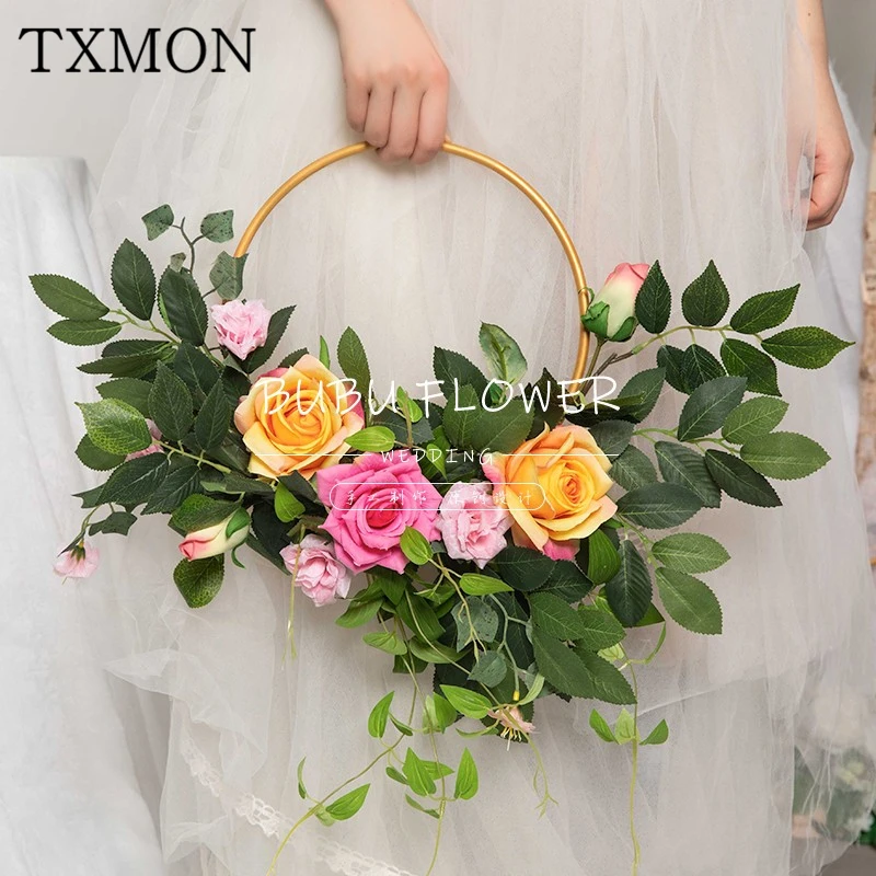 

High quality wrought iron handmade background decoration wreath floral creative artificial flower wedding garland wedding props