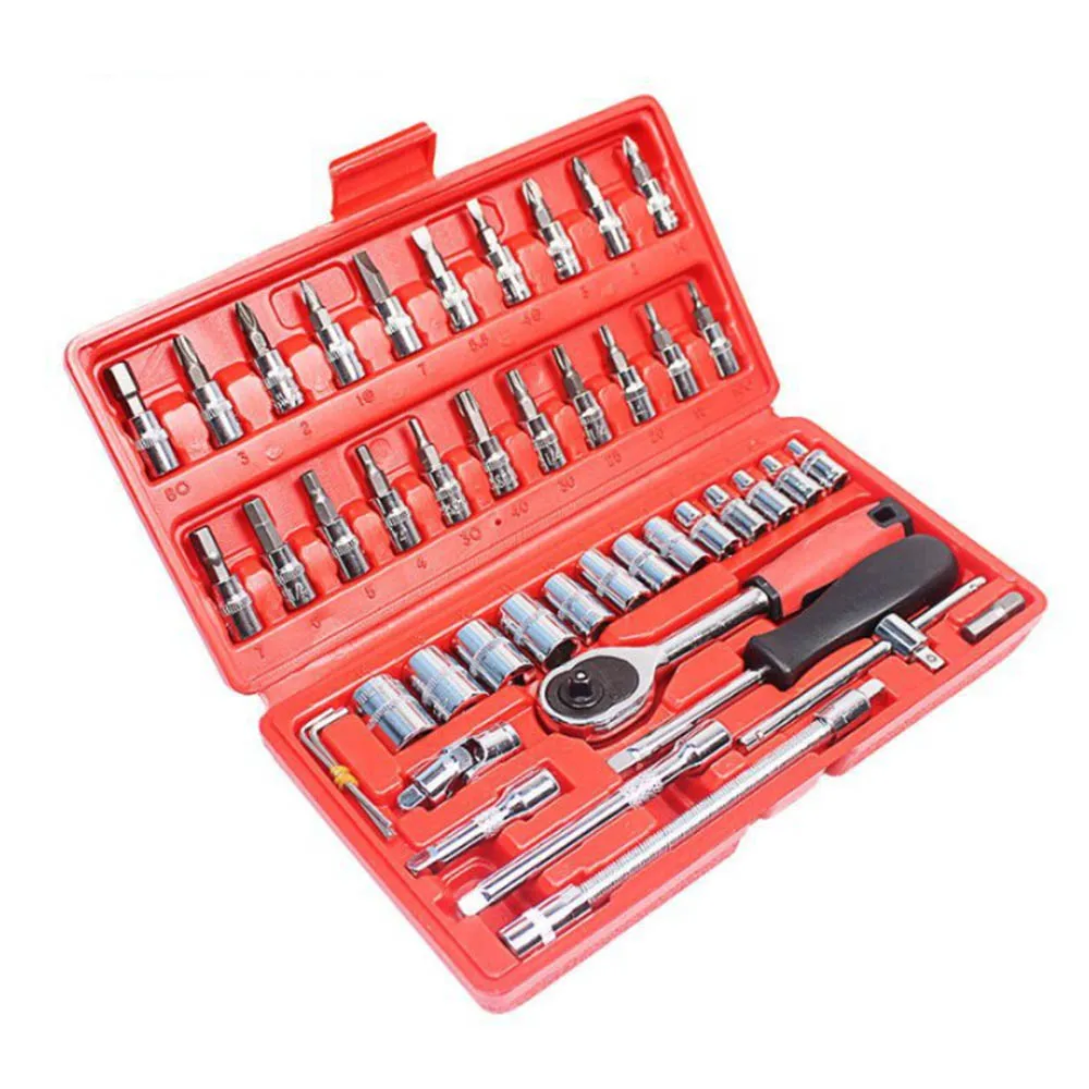 46pcs Car Repair Tool Combination Tool Set Wrench Batch Head Ratchet Pawl Socket Spanner Screwdriver Household