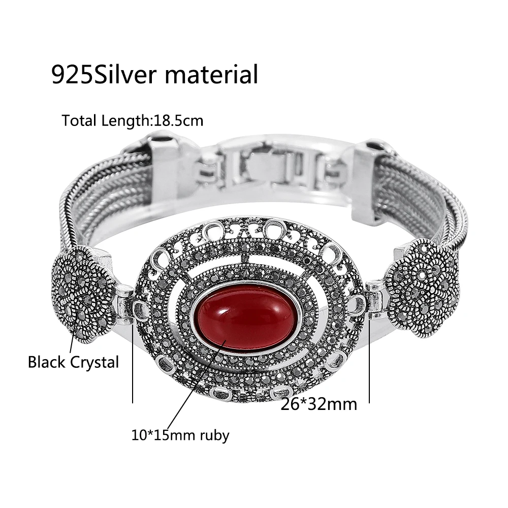 Натуральный Овальный Красный Камень настоящий 925 пробы Серебряный винтажный браслет черные кристаллы, цветок тайский серебряный браслет для женщин ювелирные изделия - Окраска металла: C