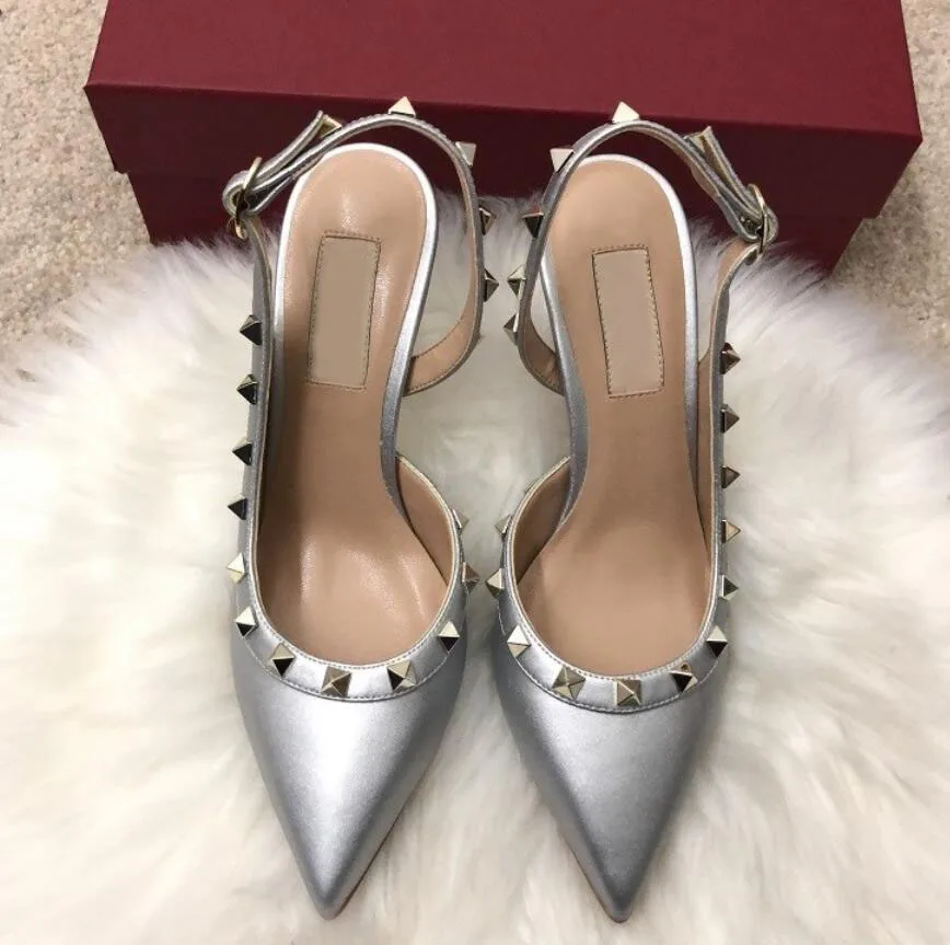 

Designer Pointed Toe with Studs High Heels Genuine Leather Rock Rivets Sandals Women Studded Strappy Dress Shoes Slingbacks