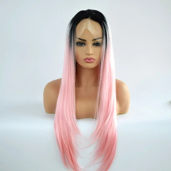 

Hand Tied Natural Long Wavy Ombre Black To Pink Heat Resistant Fiber Hair Synthetic Lace Front wigs for Make up Cosplay Party
