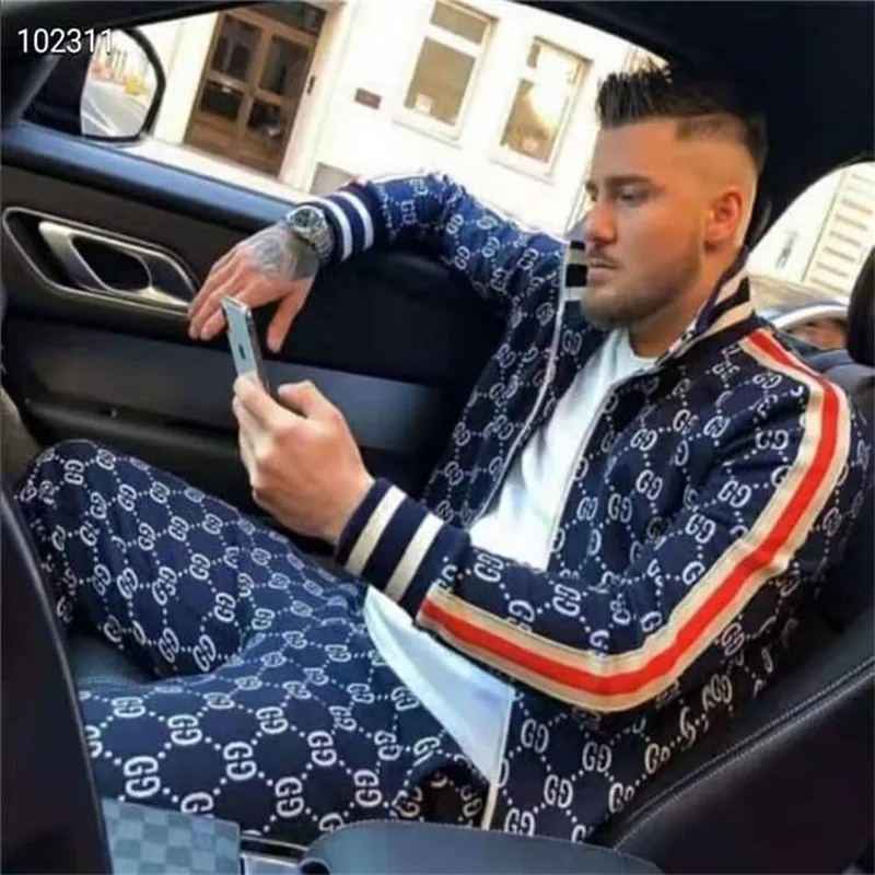 Spring & Autumn Men's Suit GG Zippered Jacket + 3D Printed TrouserMuscle Men's Fitness Kit M-3XL