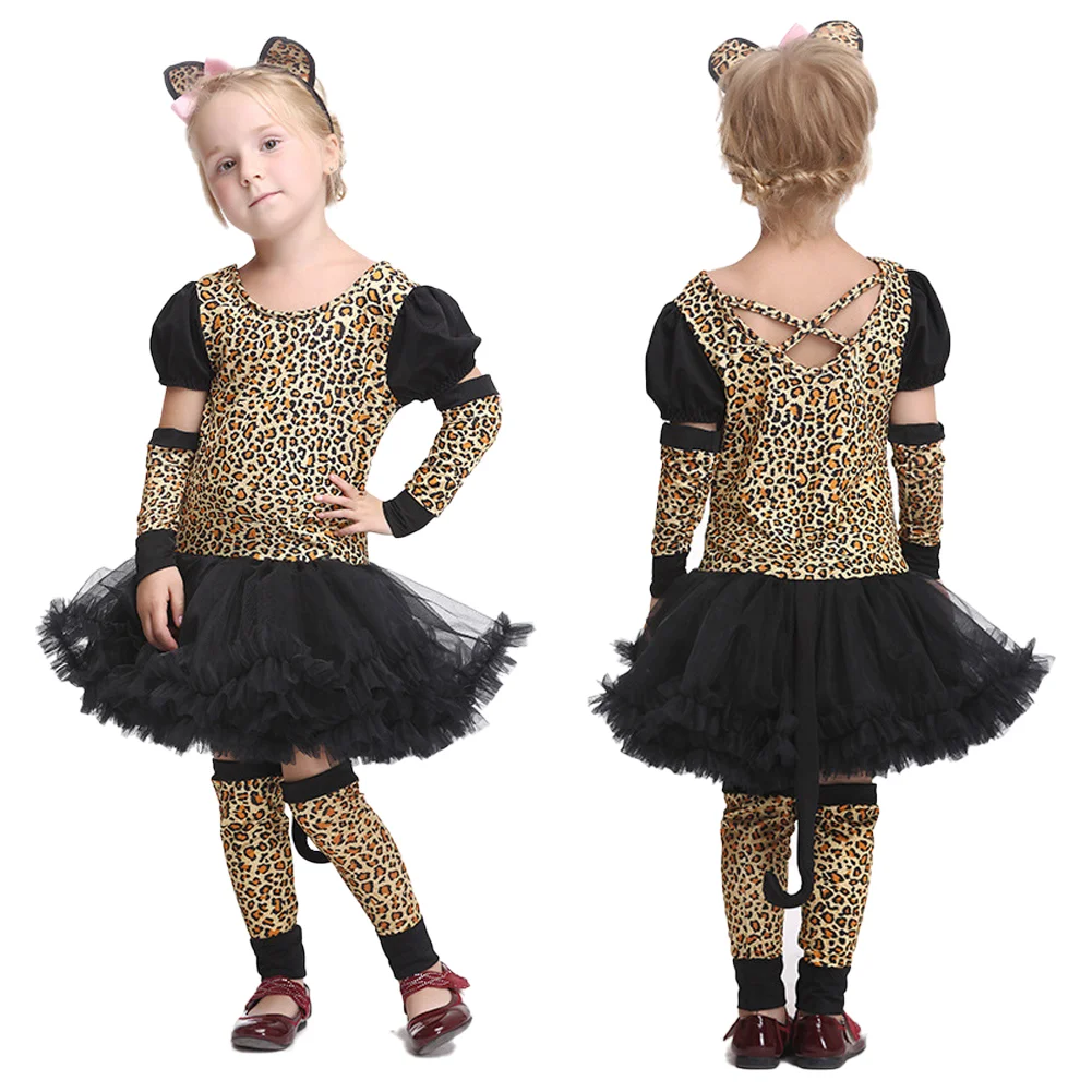 

Cute Halloween Costumes for Girls Kid Leopard Print Cheetah Cosplay Clothes 4pcs Set Outfit Birthday Clothes Photography Props