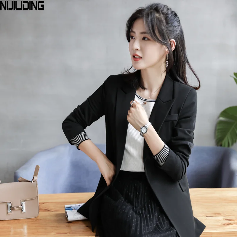 

NIJIUDING Black Suit Jacket Women's 2020 Autumn Fashion Single Buckle Waist Slimming Korean Long-sleeved Overalls Small Suit