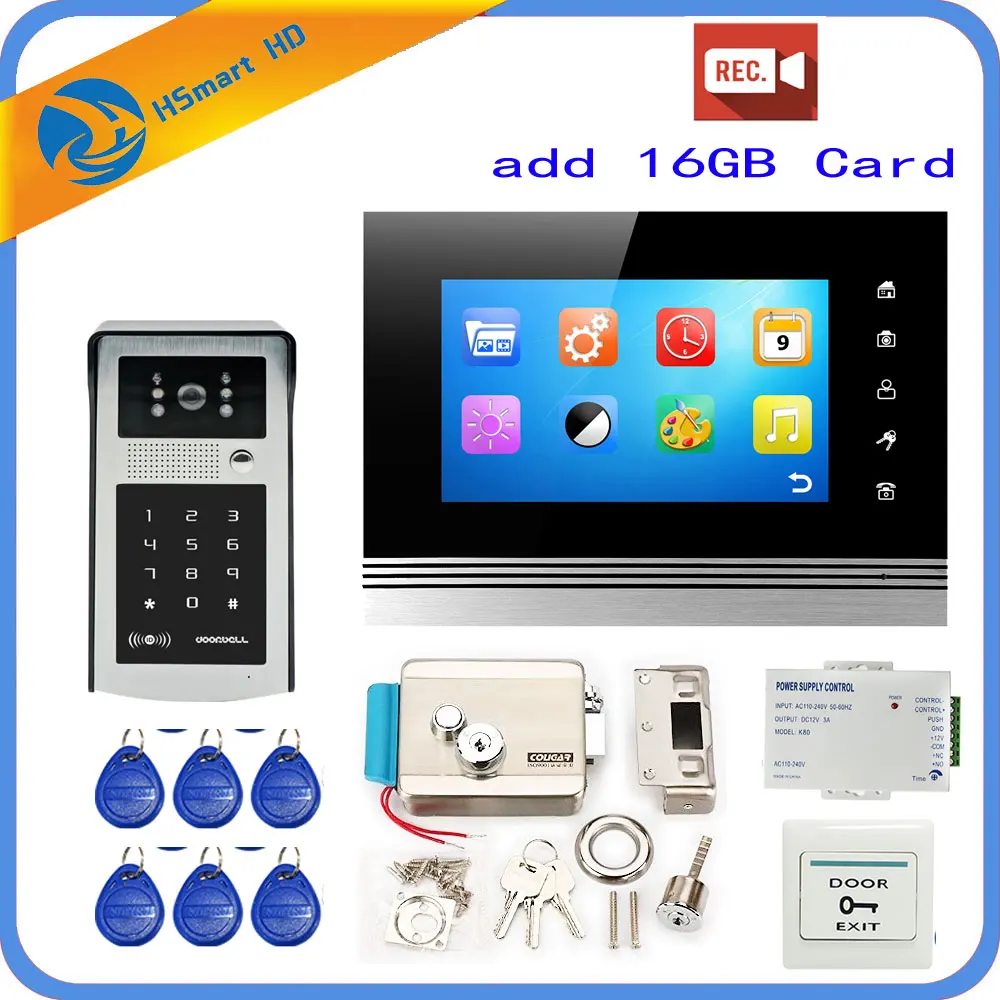 7'' Wired Touch Screen Record Video Door Phone System 1 Indoor Monitor HD Outdoor Camera Support RFID Password Unlock