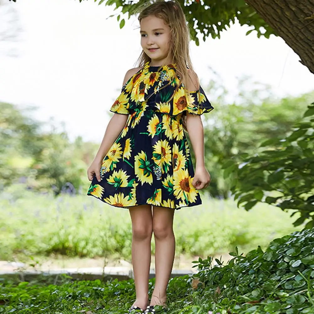 PatPat Sunflower A-Collar Falbala Girl's Dress Spring Summer and Autumn Cotton Leisure Strapless Shoulder