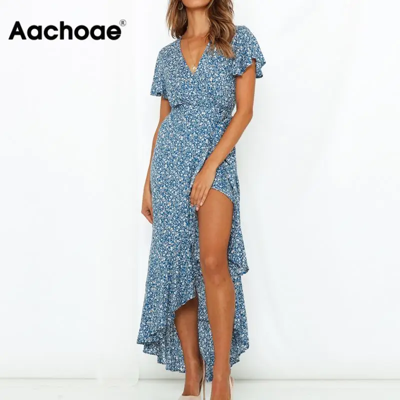 Aachoae Women Long Maxi Dress Boho Style Floral Print Beach Dress Short Sleeve Sexy Side Split Summer Dress Sundress Vestidos Aachoae Women Long Maxi Dress Boho Style Floral Print Beach Dress Short Sleeve Sexy Side Split Summer Dress Sundress Vestidos