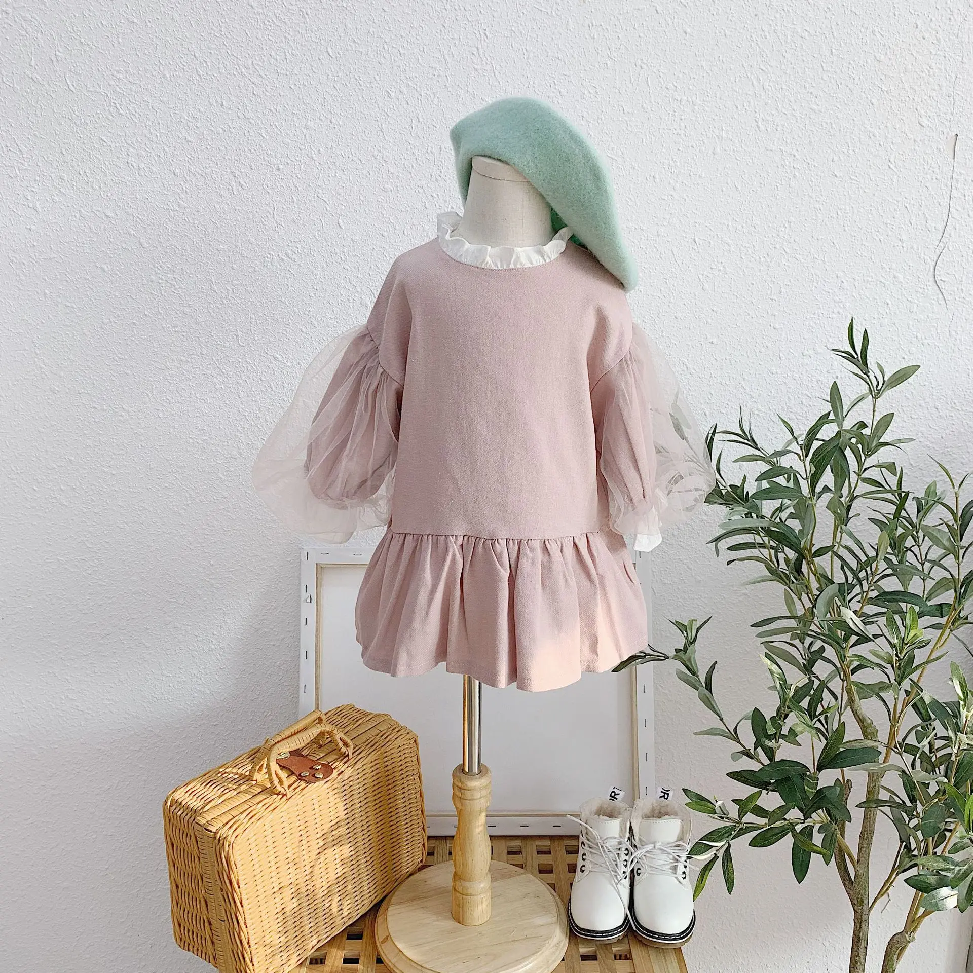 Korean style girls mesh lantern sleeve princess dress Autumn baby girl cotton patchwork cute dresses