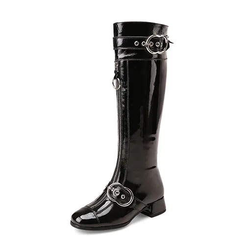 Black Buonoscarpe/модные сапоги до колена из натуральной кожи; женские пикантные зимние сапоги из лакированной кожи с пряжкой на резиновой подошве; женская модная обувь - Цвет: Black