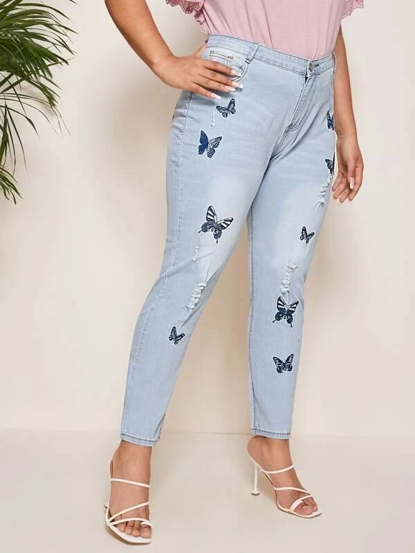 

Women's Fashion Denim Skinny Jeans Cropped Length Lots of Fun Distressing Pants