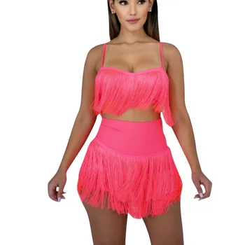 

Women's sexy clubwear spaghetti crop tops With tassel skirt summer Two piece sets for female 2 Piece Sets Partyclub