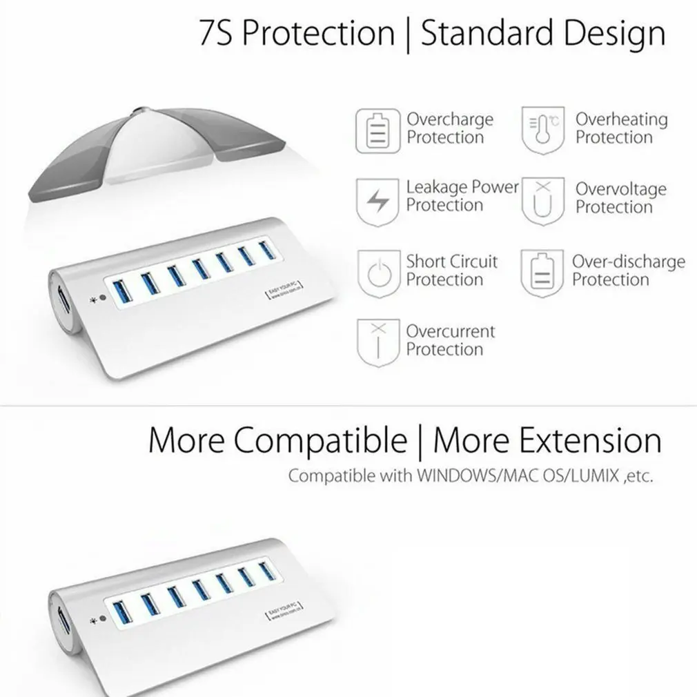 USB3.0 7-портовый сплиттер мульти-интерфейс расширения концентратор преобразования концентратор, украшенное мозаикой из драгоценных камней, 12V 2A Питание для Тетрадь компьютер