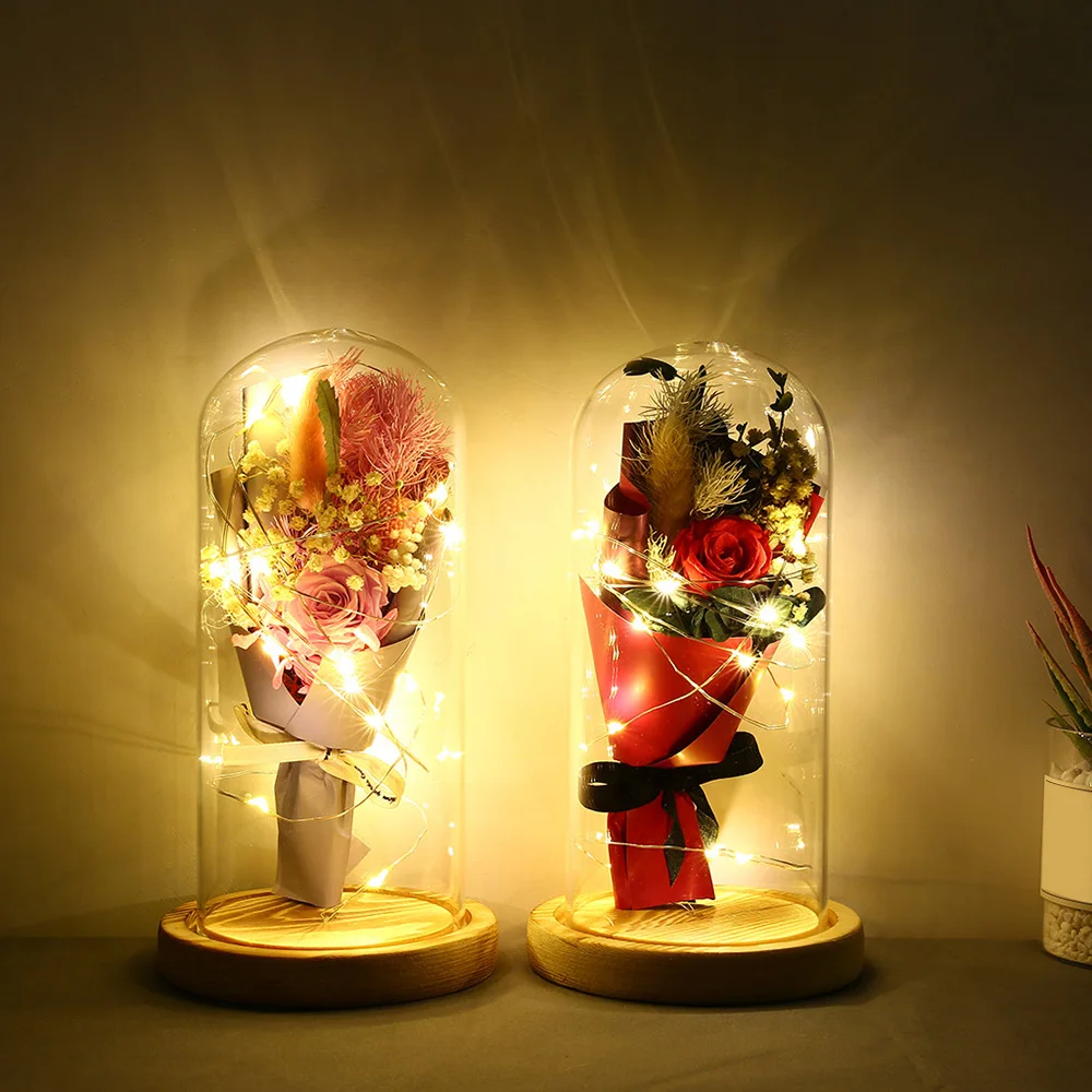 Креативный светодиодный Светильник-ночник с розами в стеклянном куполе, деревянная основа, подарки ко дню Святого Валентина, Рождественский светодиодный лампы с розами, цветочный свадебный Декор