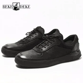

Mens Gothic Black Flats Casual Shoes Top Quality Cow Real Leather Joggers Sneakers Lace Up Hip Hop Platform Shoes Retro Footwear
