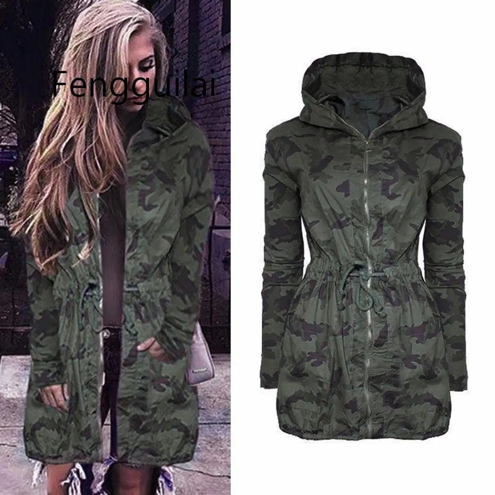 

Fall 2019 Women Camouflage Long Coat Fashion Drawstring Zipper Slim Hooded Jacket Spring Autumn Long Sleeve Hip Hop Camo Outwear