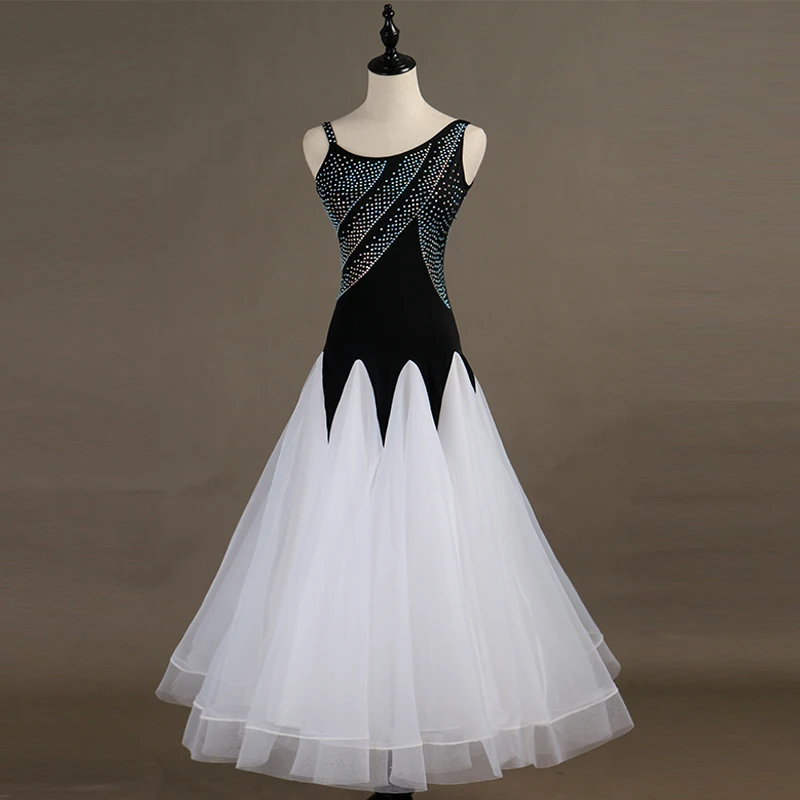 Ballroom Dance Standard Dress Women Modern Dance Practice Wear Shiny Sequin Black/White/Blue Tango/Waltz Dance Costume DQL1946