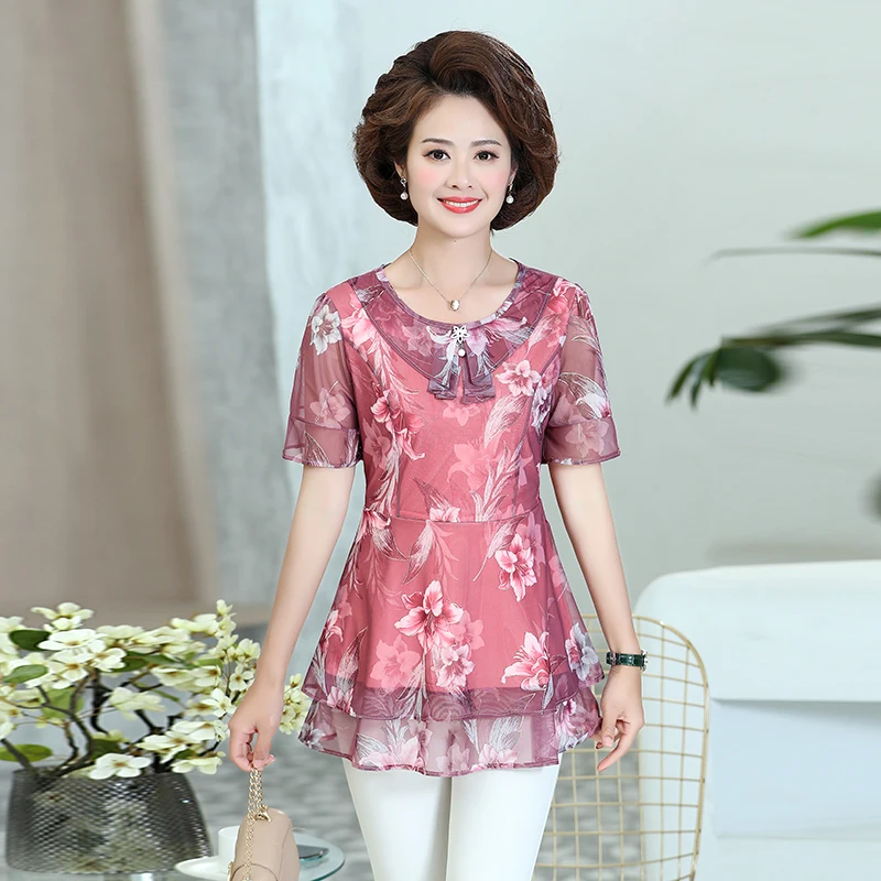 

Woman Summer Peplum Blouse Red Green Flower Pattern Chiffon Tops Middle Aged Women Short Sleeve Falbala O-neck Layered Blouses