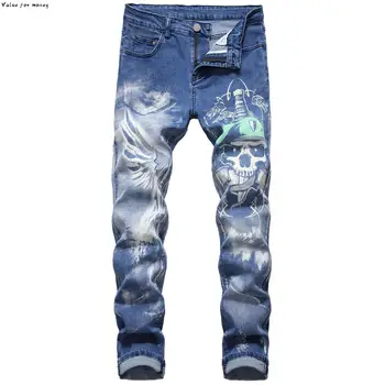 

skull 3D Men's printed jeans Plus big size slim straight wings painted blue stretch pants