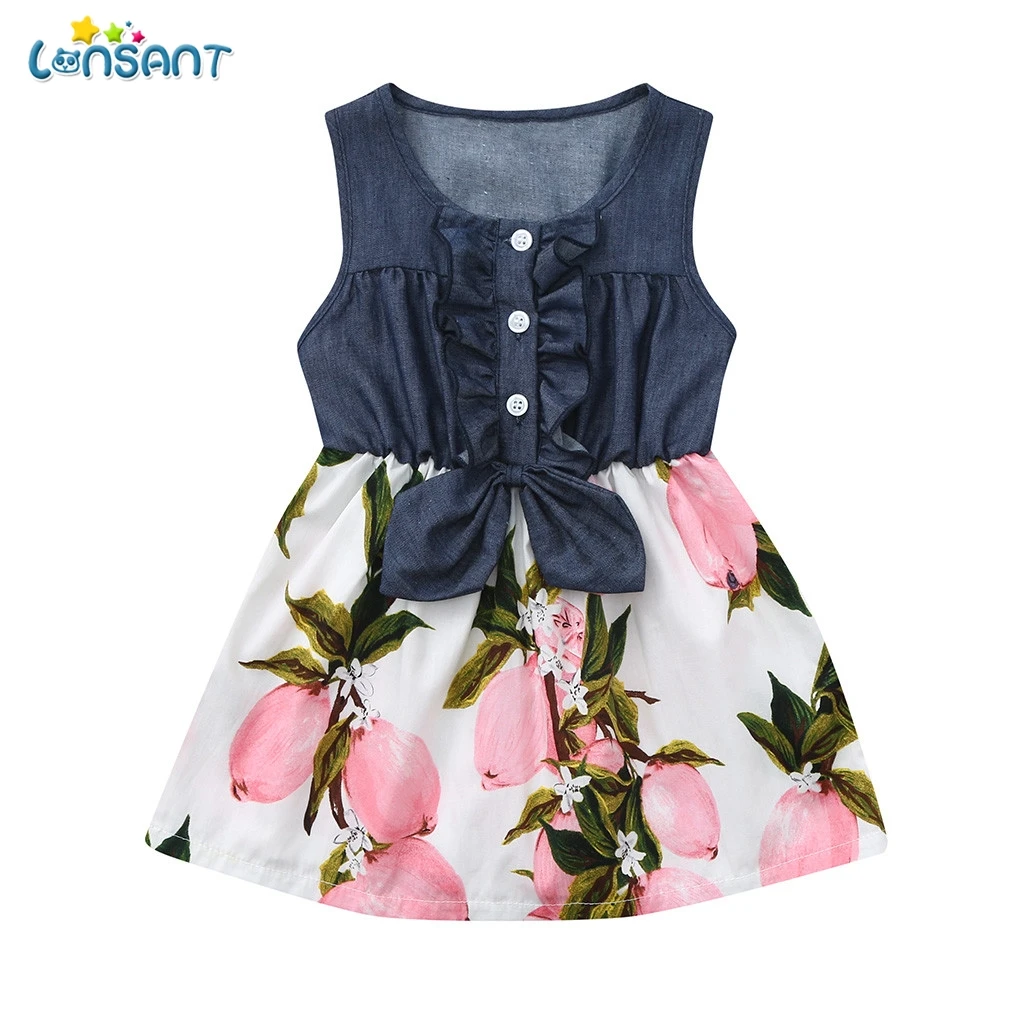 

LONSANT Toddler Kids Summer Sleeveless Dress Baby Girls Princess Party Lemon Peach Printed Patchwork Dress For Children Clothes
