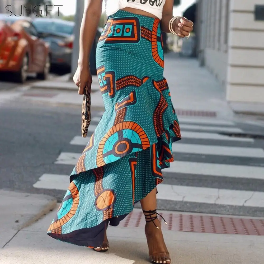 SUNGIFT Dashiki African Dresses For Women Double-layered Ruffled Hem Africa Digital Print Elegant Length Skirt African Clothing