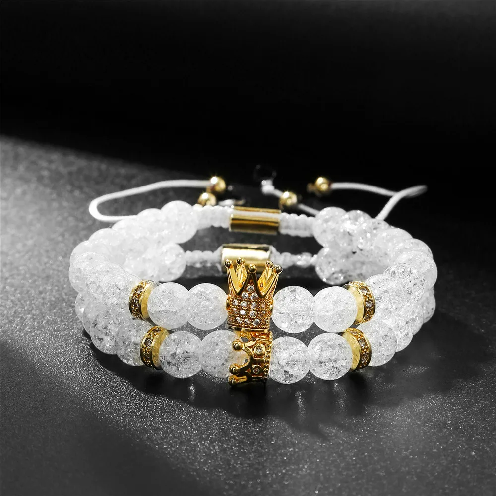 8mm White Stone Beads Bracelet 2pcs/Set Mens Jewellery CZ Crown Charm Bracelets For Women Fashion Armband Cuff bracelet jewelry